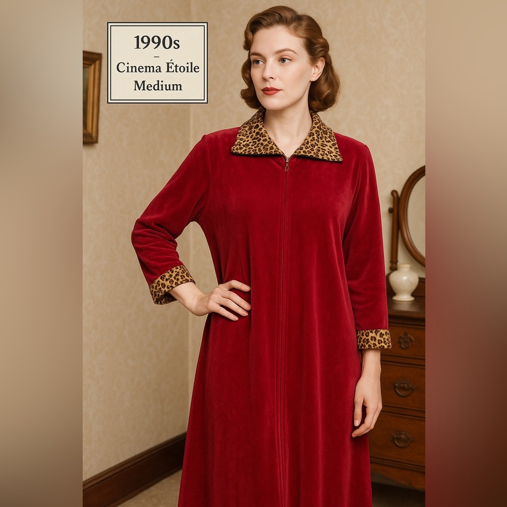 Vintage 90s Cinema Etoile Red Velour Robe M Leopard Trim Pockets Zip